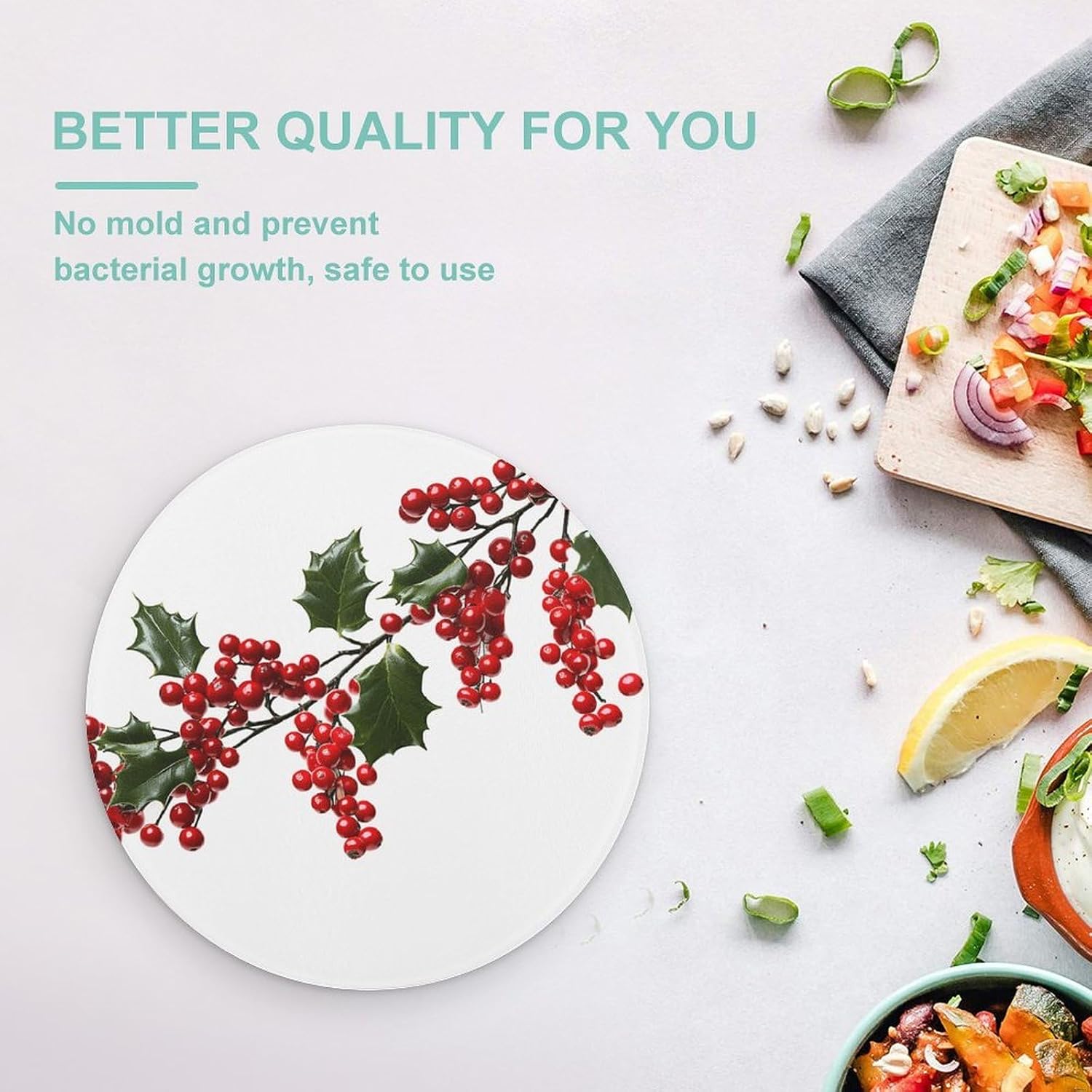 Holly Berry Branches Chopping Block Tempered Glass Cutting Board Mats Round Countertop Cutting Boards Small Charcuterie Boards Bar Cheese Board Snack Tray