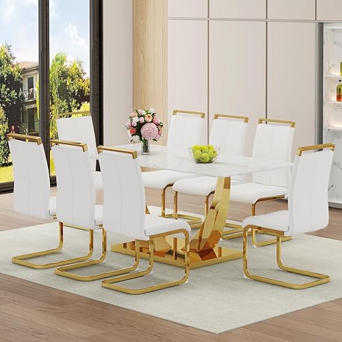 Miniatura 9 de Juego de mesa de comedor de mármol sintético para 6, mesa de comedor moderna de 71 pulgadas para 6, mesa de cocina dorada de lujo y 6 sillas de Mesa