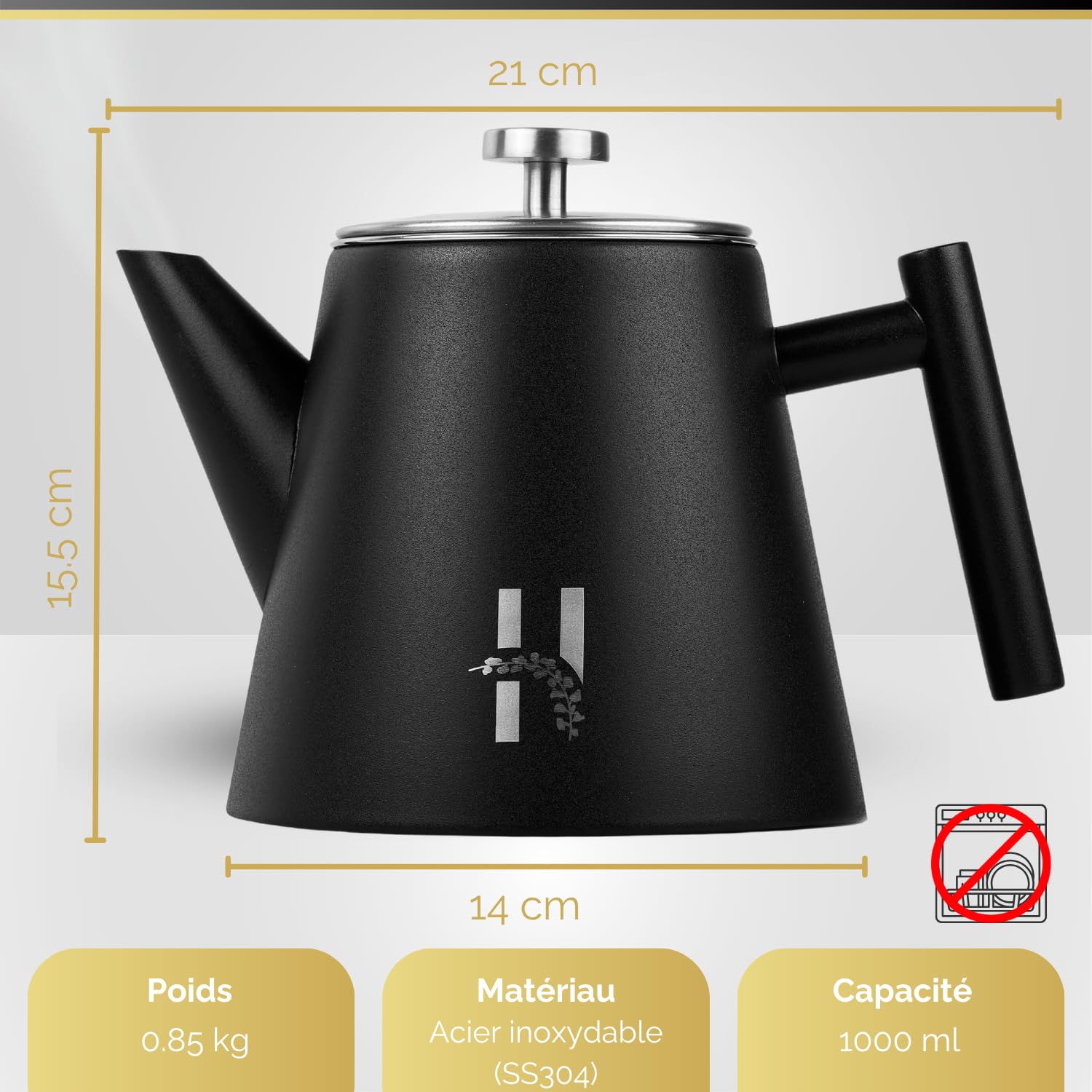 Théière isotherme Hanamura avec infuseur - en acier inoxydable à double paroi 1L - noire moderne pour thé et tisane
