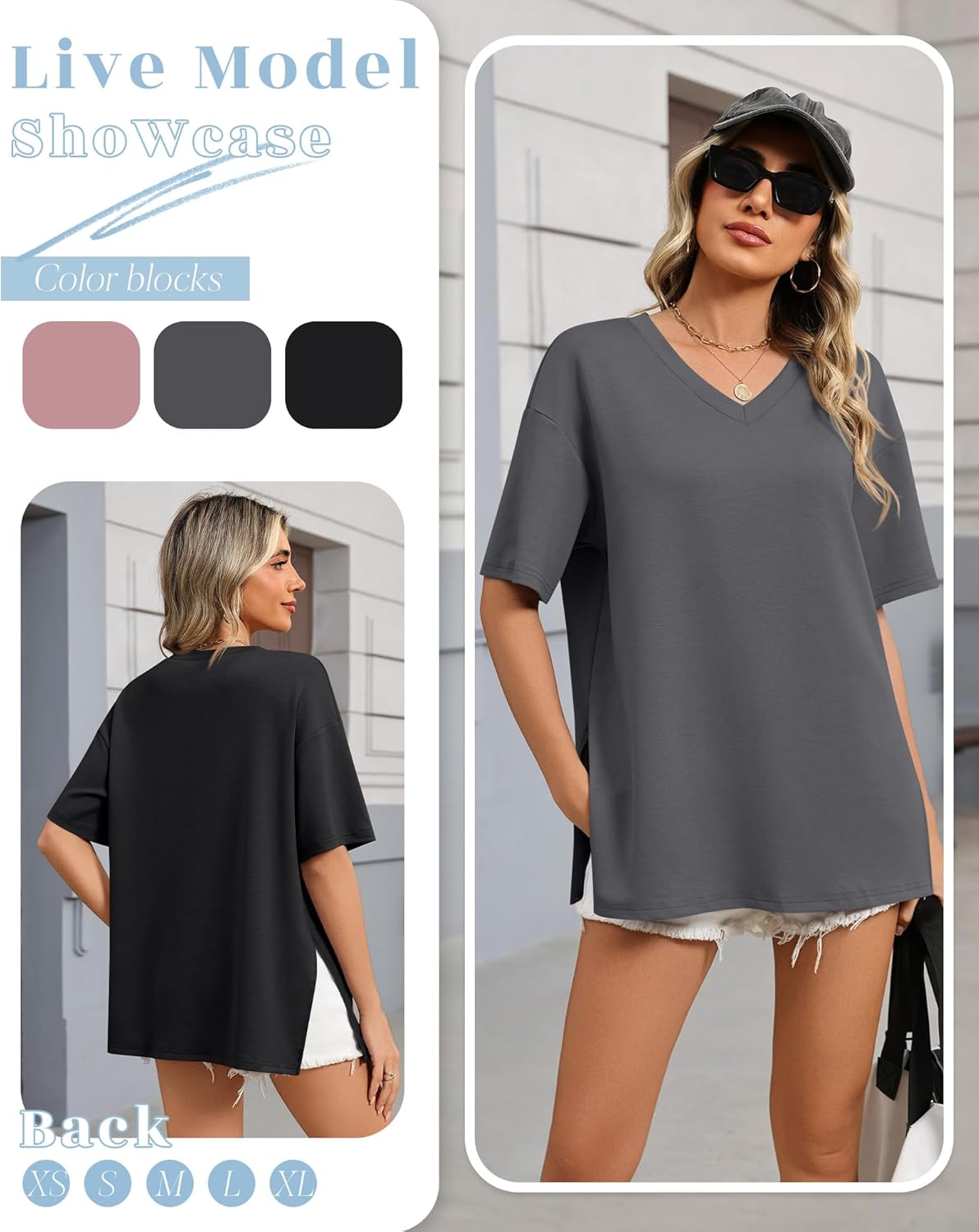3 Pack Women's Oversized Half Sleeve Shirts V Neck Loose Fit Gym Baggy T Shirts Workout Side Split Tunic Tee Tops