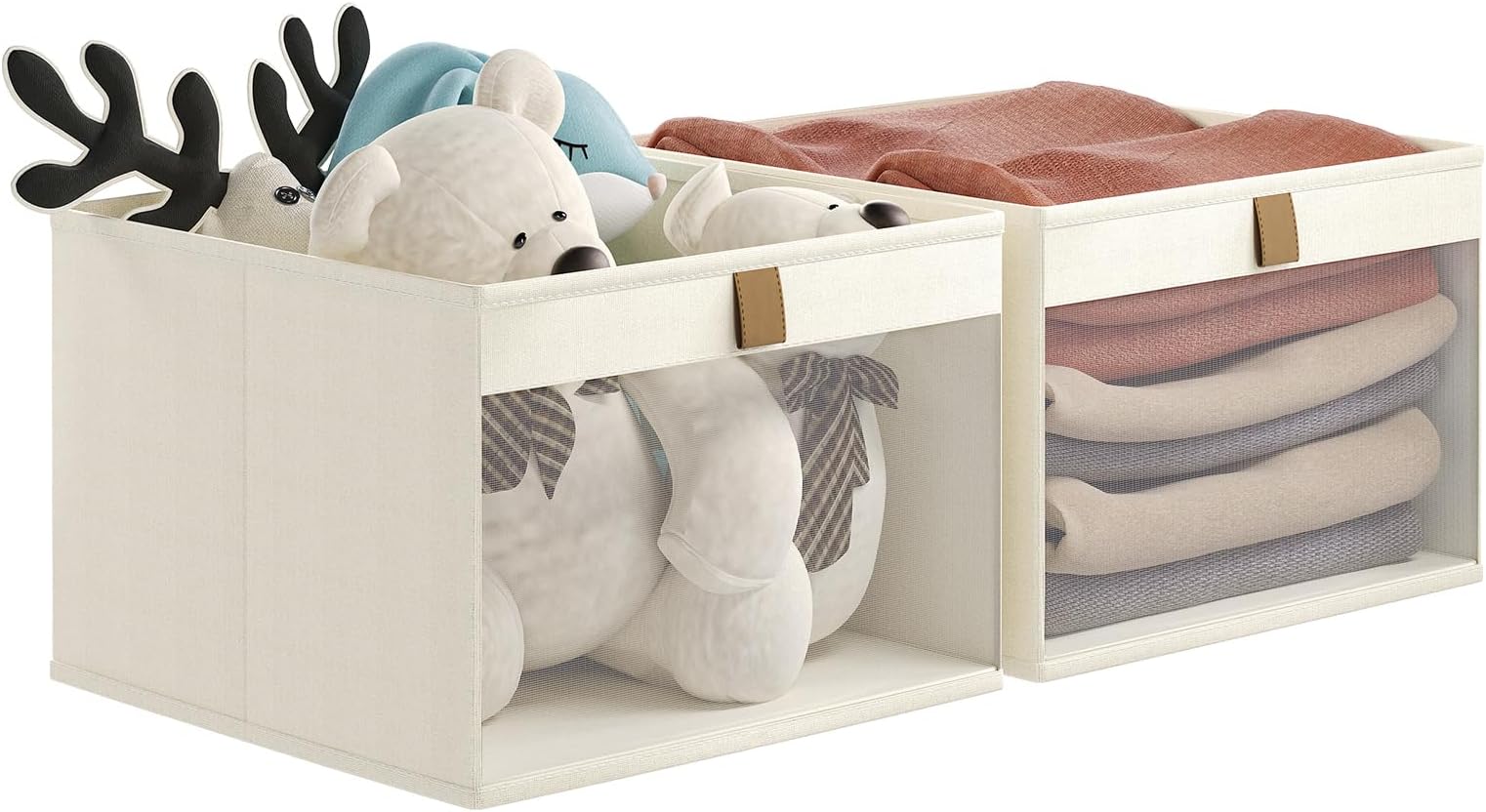 Storage Bins with Clear Window, Linen Closet Organizers and Storage, Closet Storage Shelves Box, Foldable Cloth Basket for Towels, Books, Toys, 12.75" x 12.75" x 9", Beige, 2-pack