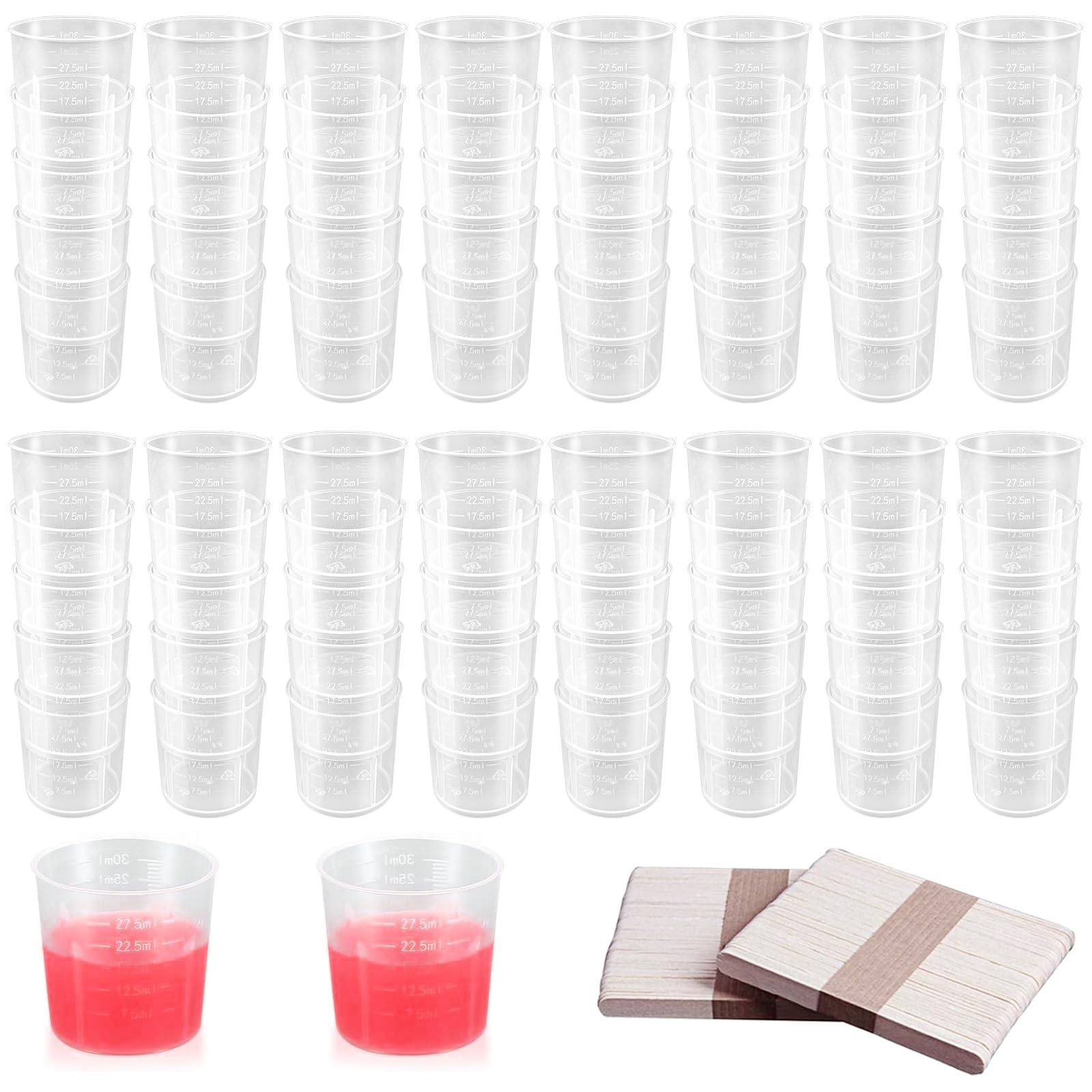 80 Piezas Vaso Medidor, 30 ml Jarra Medidora Plastico con 80 Piezas Palos de Madera para Mezclar Pintura Epoxi Resina Laboratorio Cocina
