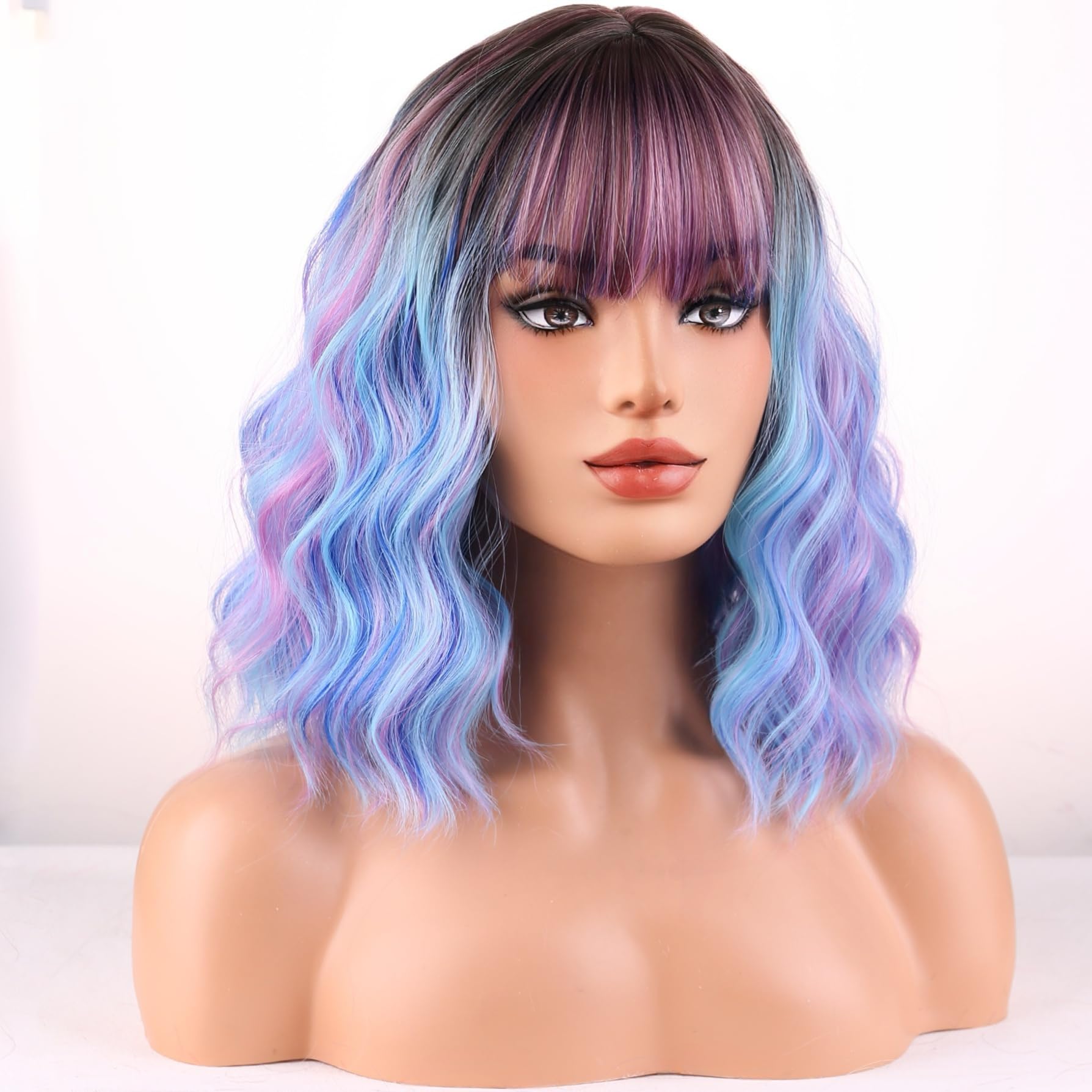 Women Rainbow-colored Heat Resistant Wavy Curly Cosplay Halloween Bob Party Wig Amazon.com : WTHCOS Rainbow Wigs for Women Girls Short Curly  main image 4