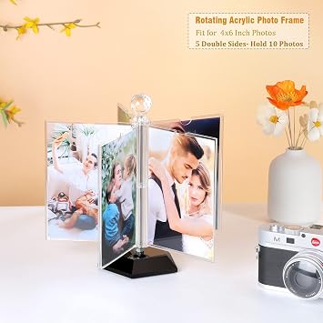 ZEEYUAN Rotating Acrylic Photo Frame DIY Multiple Picture Frame 5 Double Sides/Insert 10 Pcs of 4x6 Inch Photos,360 Rotation Windmill Picture Frame Desktop Photo Display