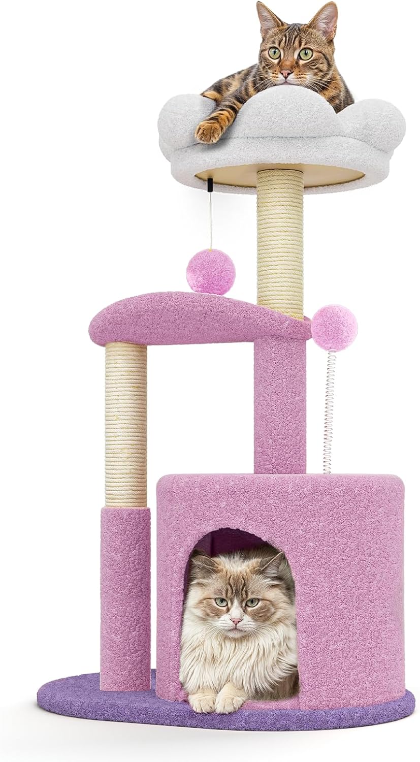 MoNiBloom 33" Flower Cat Tower, Cute Cat Activity Tree with Scratching Post for Indoor Kittens, Cozy Condo & Plush Perches, Purple
