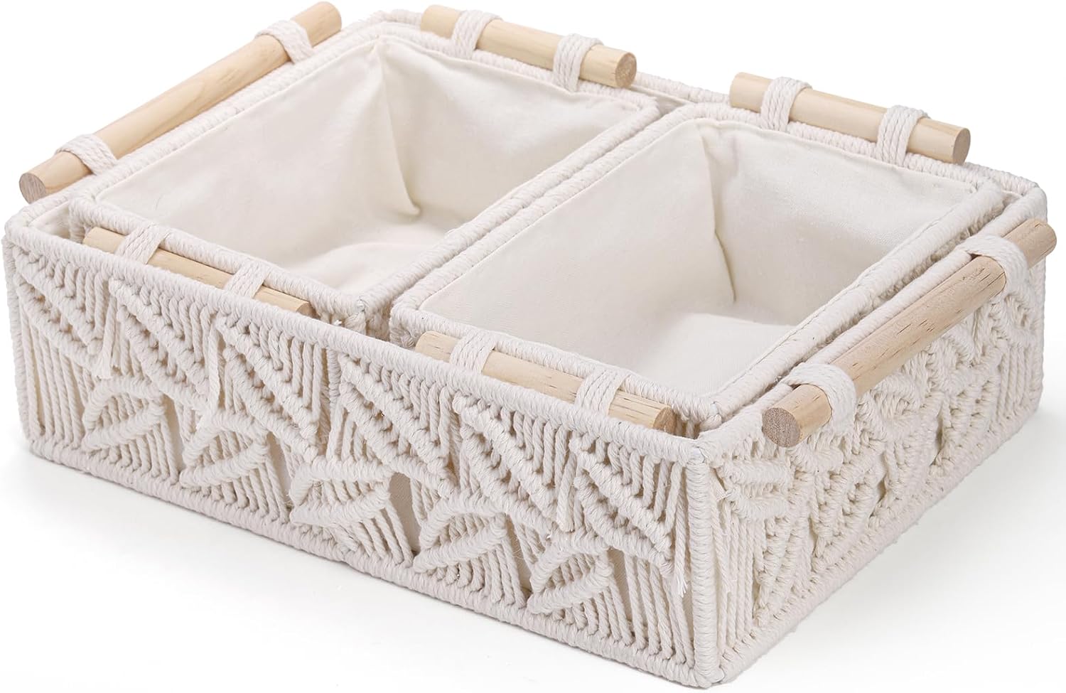 ZOOFOX Set of 3 Macrame Storage Basket, Handmade Woven Boho Basket with Cloth Liner and Wooden Handles, Decorative Toilet Tank Shelf Cabinet Organizer for Bedroom Living Room Nursery