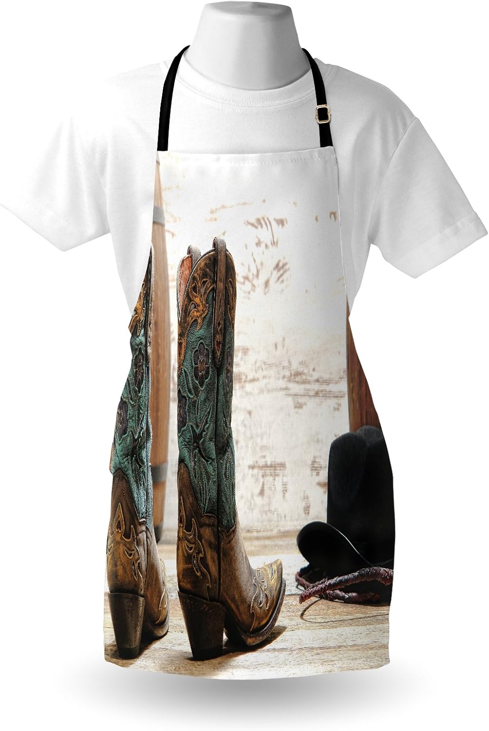 Lunarable Western Apron, American Rodeo Theme Cowgirl Design Leather Boots Hat Rustic Picture, Unisex Kitchen Bib with Adjustable Neck for Cooking Gardening, Adult Size, Black Brown