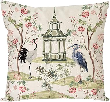 PANDICORN Chinoiserie Throw Pillow Covers 18x18 Inch Pagoda Crane