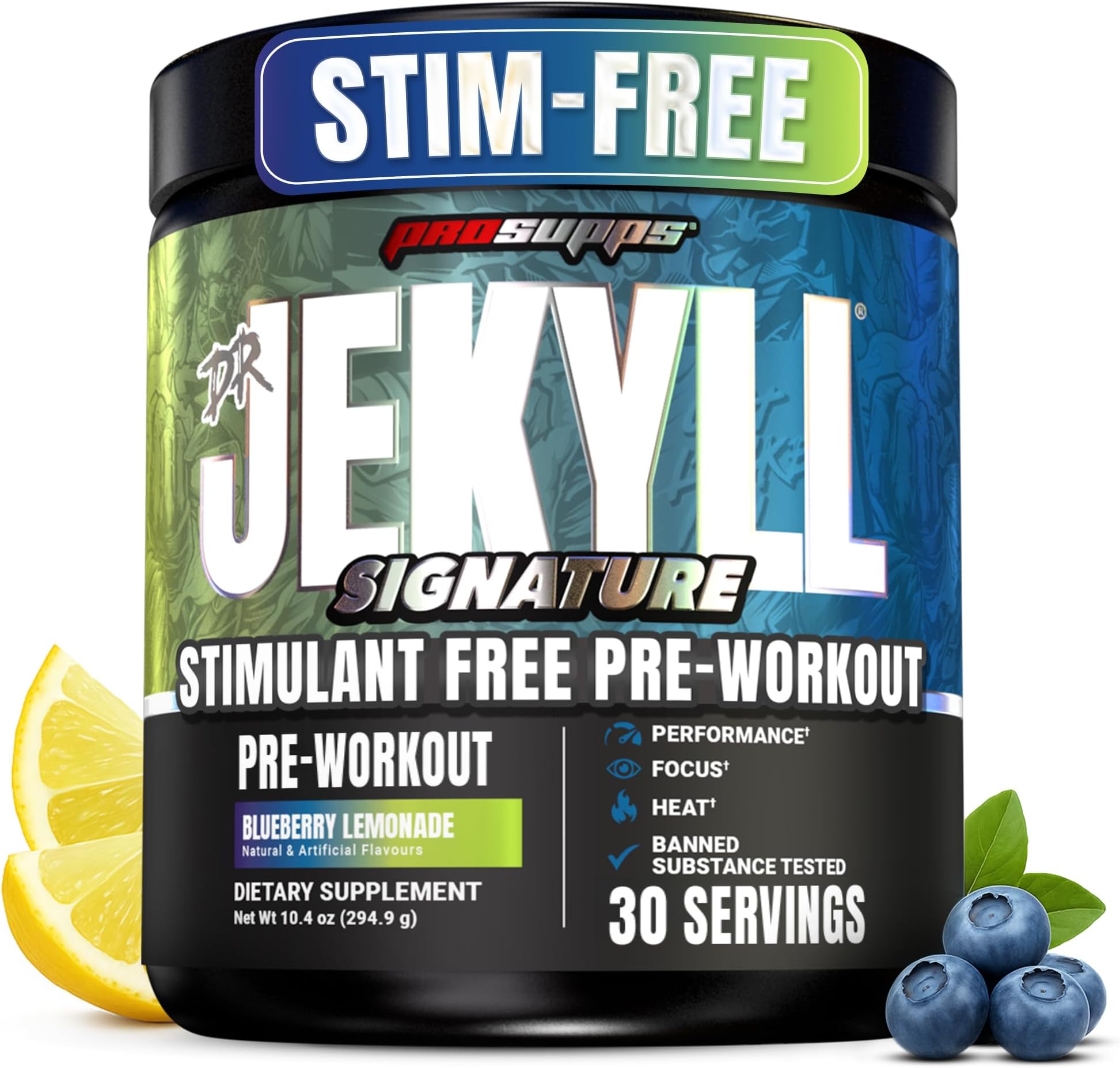 ProSupps Dr. Jekyll Signature Pre Workout Powder with Creatine - Stim-Free Preworkout Supports Focus & Endurance - Caffeine-Free Gym & Fitness Supplements (Blueberry Lemonade, 30 Servings)
