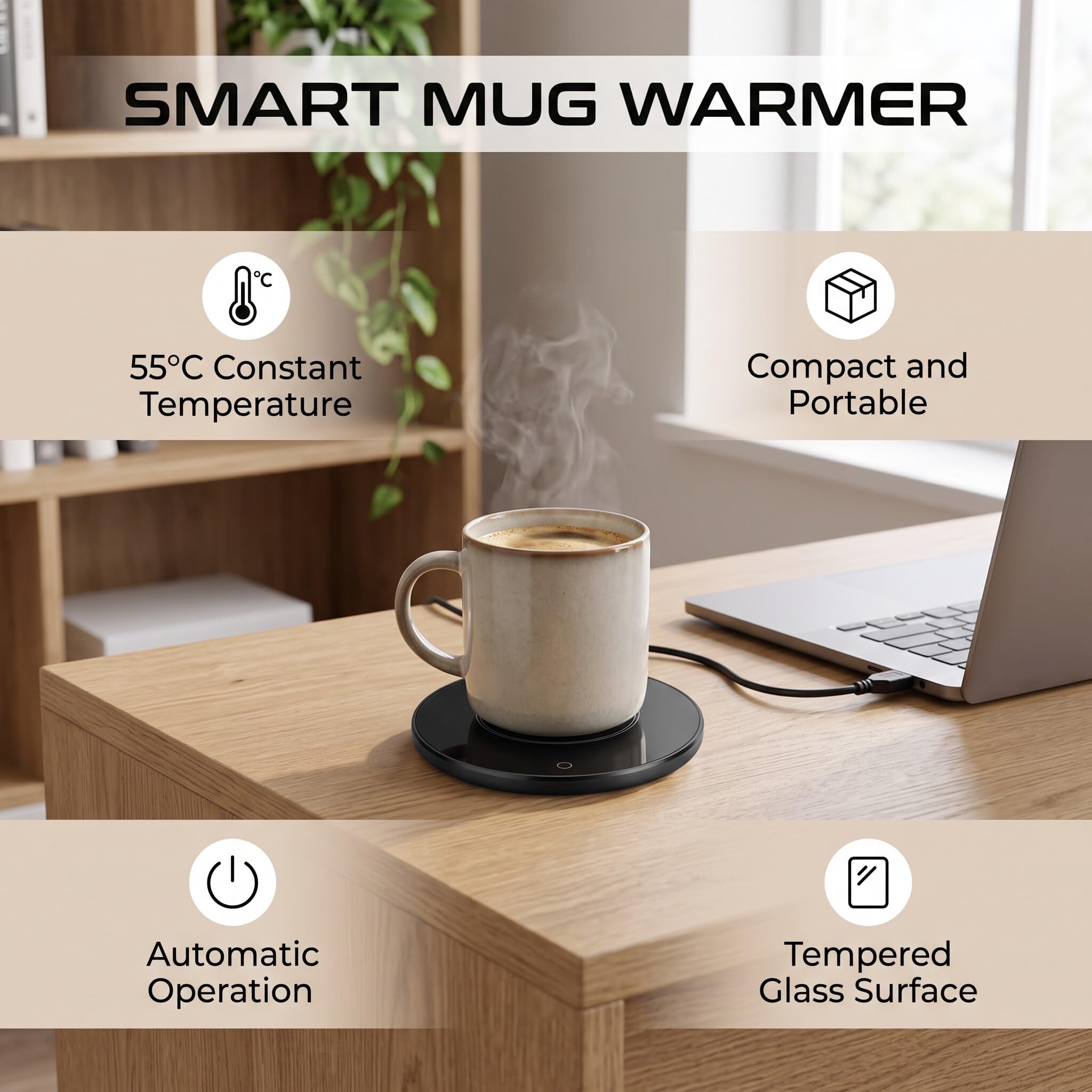 Chauffe Tasse USB Tactile, Maintien de température constante, Chauffe Bougie et Chauffe café de Bureau, Base 10,3 cm, Noir
