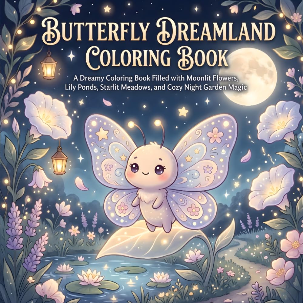 Butterfly Dreamland Coloring Book: A Dreamy Coloring Book Filled with Moonlit Flowers, Lily Ponds, Starlit Meadows, and Cozy Night Garden Magic