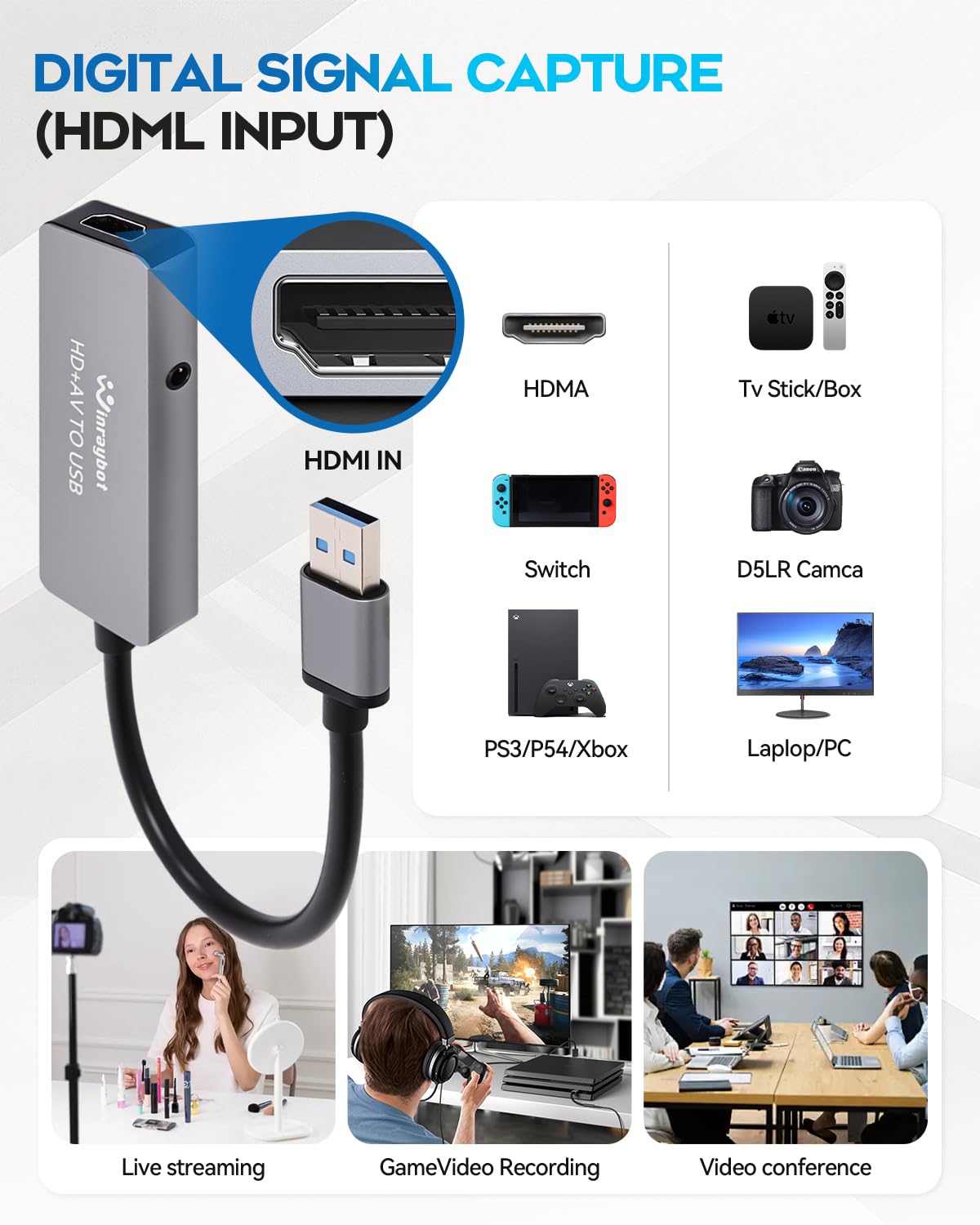 Adaptador de captura de video USB, convertidor VHS a digital, tarjeta de captura de video para VHS, RCA, HI9, HDMI para transmisión de video, conversión VHS/DVD a formato digital, entrada RCA/S-Video