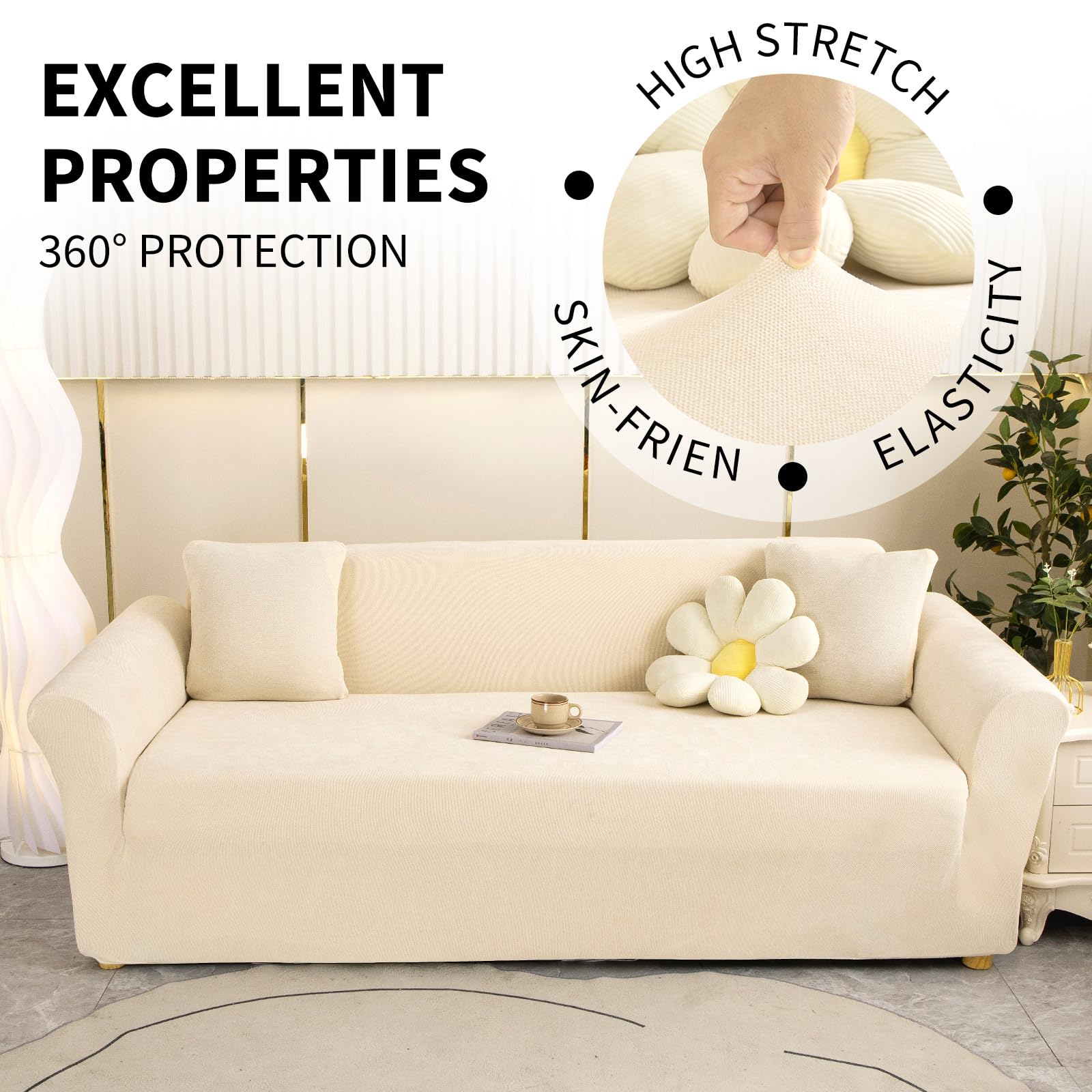 High Stretch Sofabezug Moderne einfach luxuriös Couch überzug Polyester Jacquard Elastische Sofahusse für Wohnzimmer Protector für Hunde Haustiere (2 Sitzer, Leinenweiß)