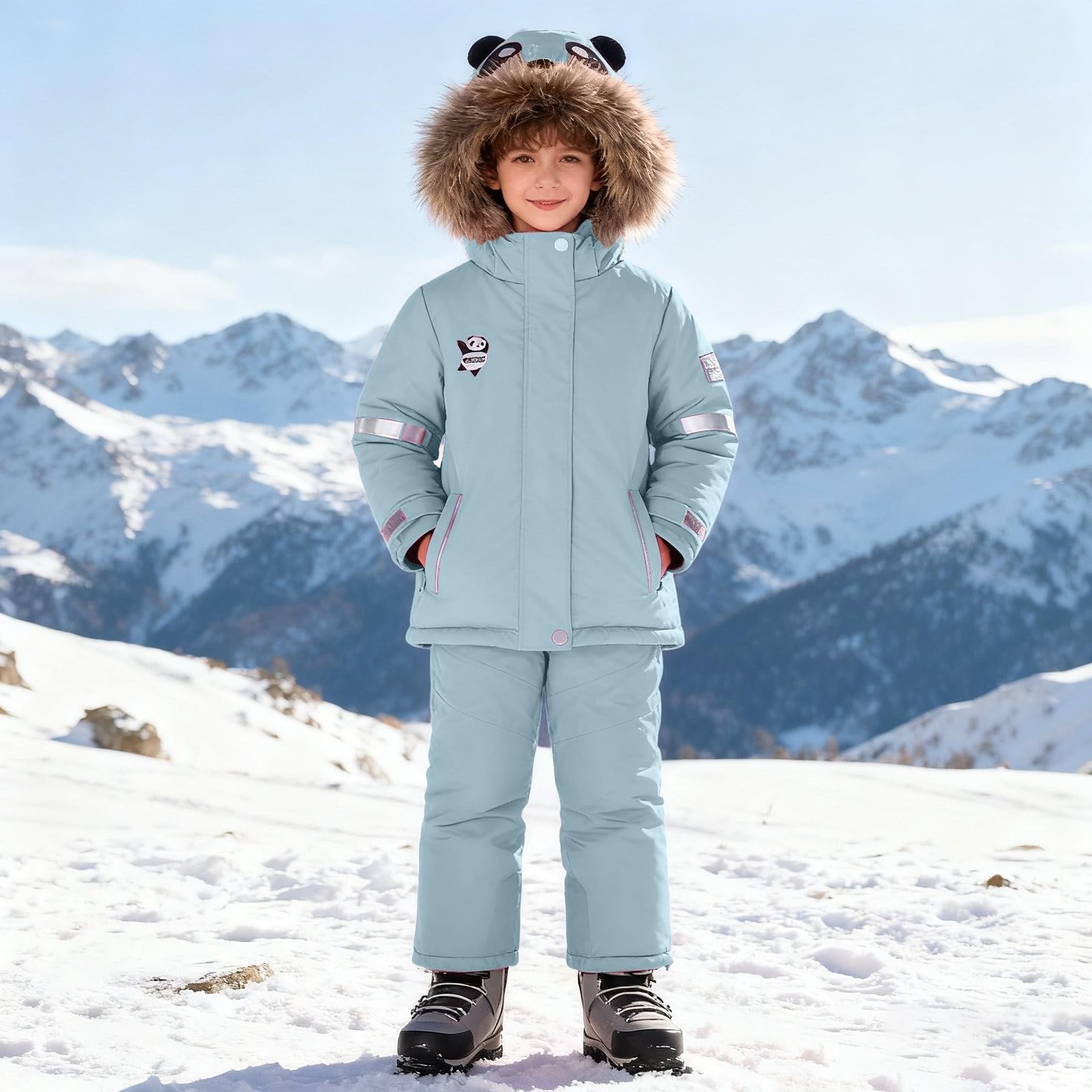 Generisch Panda Kids Ski Anzug, Winter Schneeanzug mit Kapuze, Rosa Blau Lila, Winddicht, Fleece Gefüttert, Reflektierende Streifen, 2-7 Jahre, Verstellbare Größen
