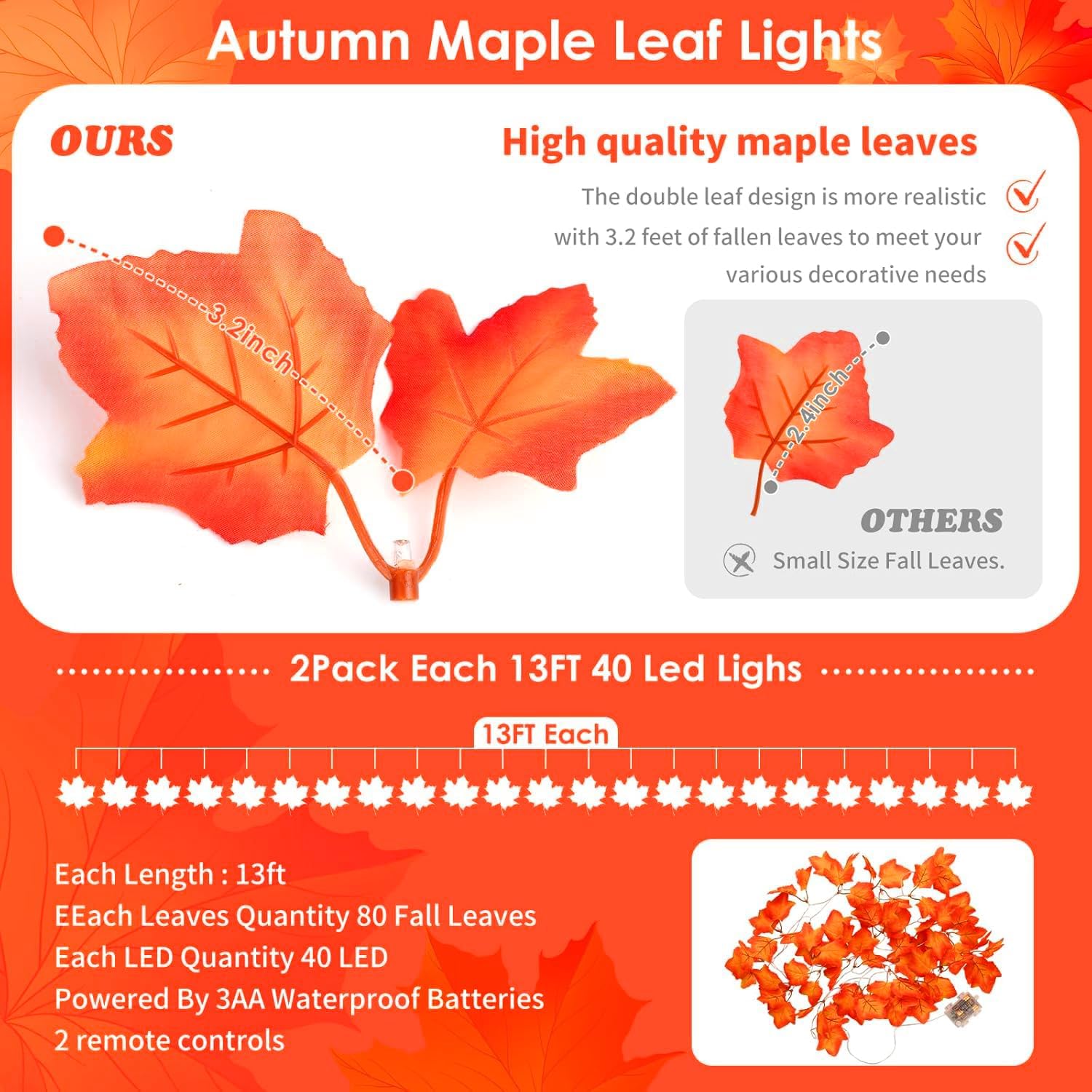 2 Pack Fall Lights - 26Ft 80LED Thanksgiving Decorations with 8 Lighting Modes & Timer - Enlarged Maple Leaves - Battery Operated Waterproof Lights for Indoor & Outdoor Autumn Decor