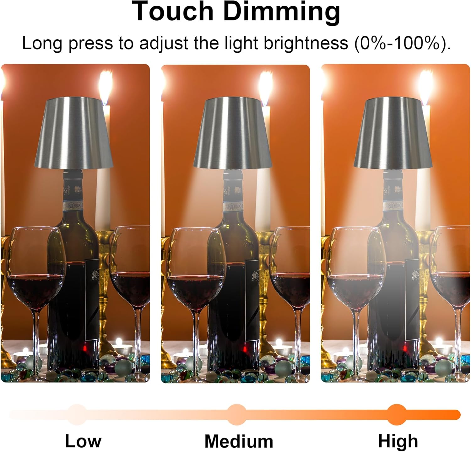 Wireless Bottle Lamp-Wine Bottle Lights with Touch Dimming, 3 Color Temperatures Table Lamps, Rechargeable LED Lamp Shade for Home, Bar, Restaurants and Outdoor Use(Sliver+Mat Golden)