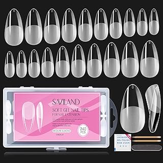 Saviland Soft Nail Gel Full Cover Nail Tips - 240PCS Medium Almond nail tips Shape Gel x Nails Kits Fake False Nails Nails Tips No Need to File with Nail Tools for Nail Extensions Nail
