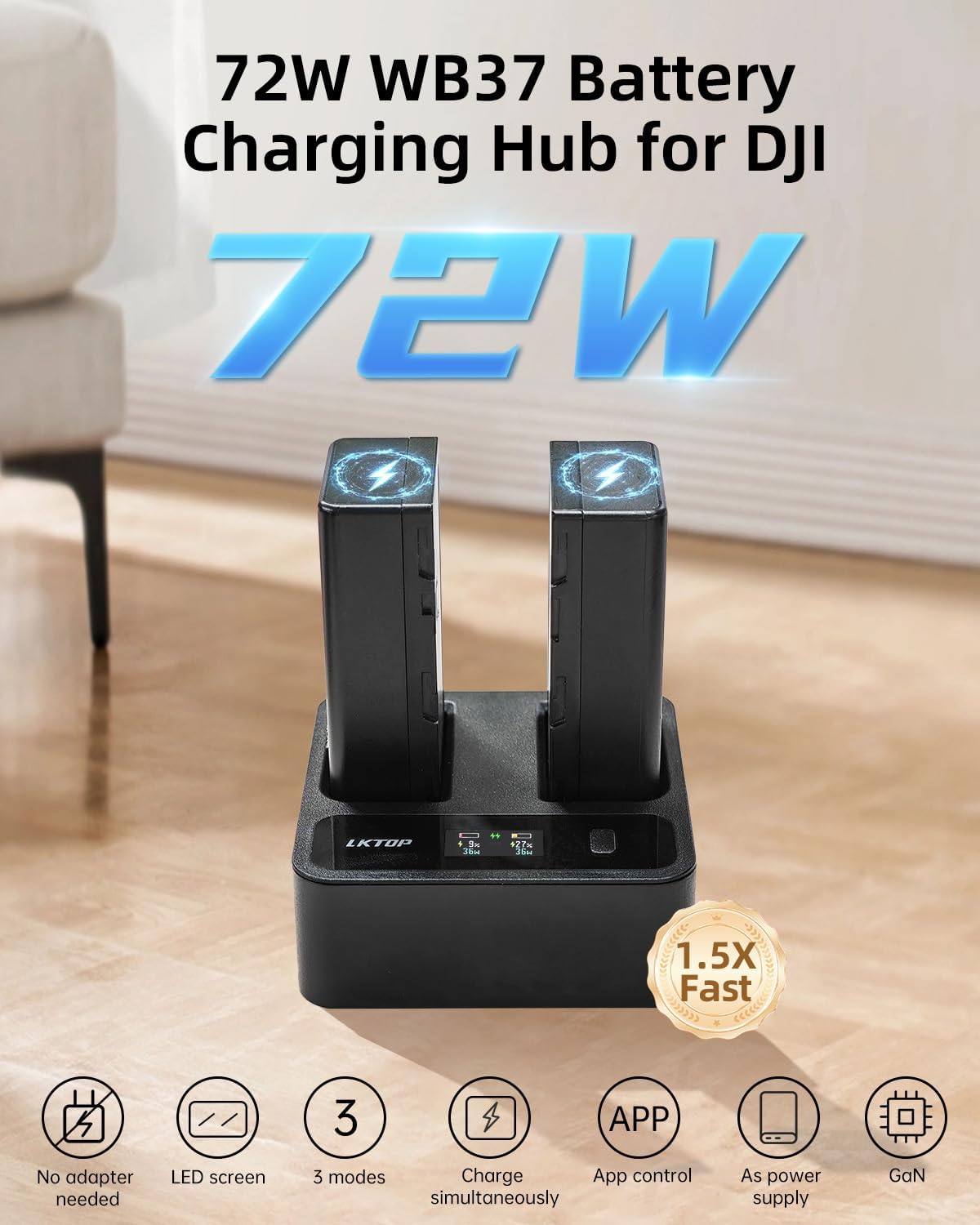 Image showing the LKTOP 72W WB37 Battery Charging Hub, AC cable, USB-C to USB-C cable, and instructions, along with a detailed product information table.