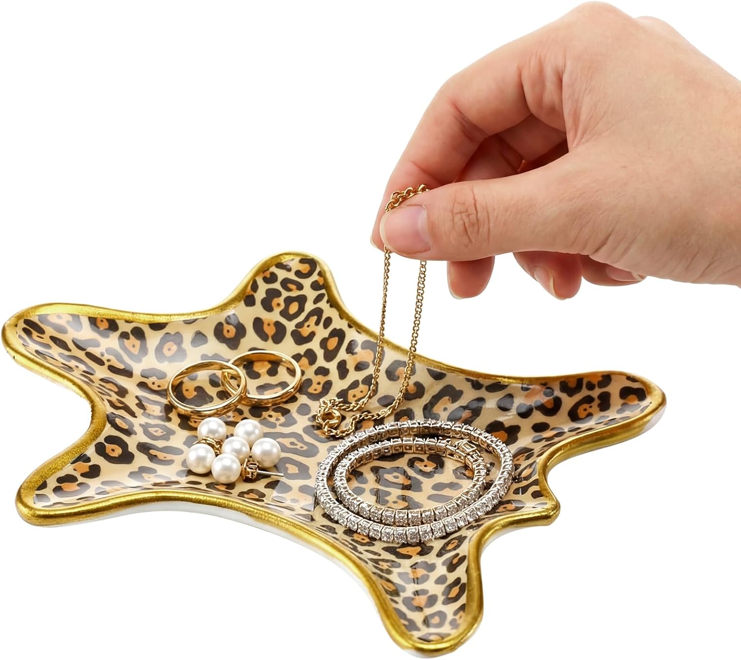 Bokon Leopard Jewelry Tray Trinket Plate 6.3 x 4.7 Inch Ceramic Cheetah Print Rings Case Dish Animal Jewelry Organizer for Room Decor Women Birthday Mothers Gift