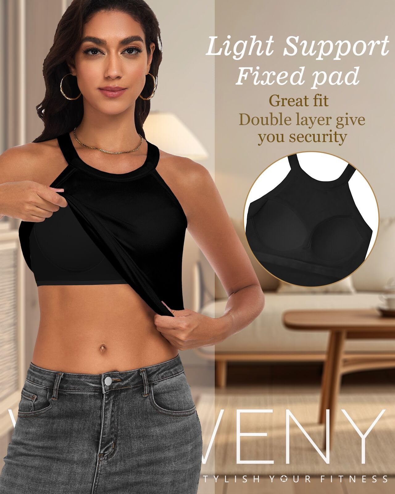 WOWENY Damen Unterhemd BH-Hemd Sexy Basic U-Ausschnitt Eingebauter BH Bügelloser Criss-Cross Back Gepolstert Tank Tops