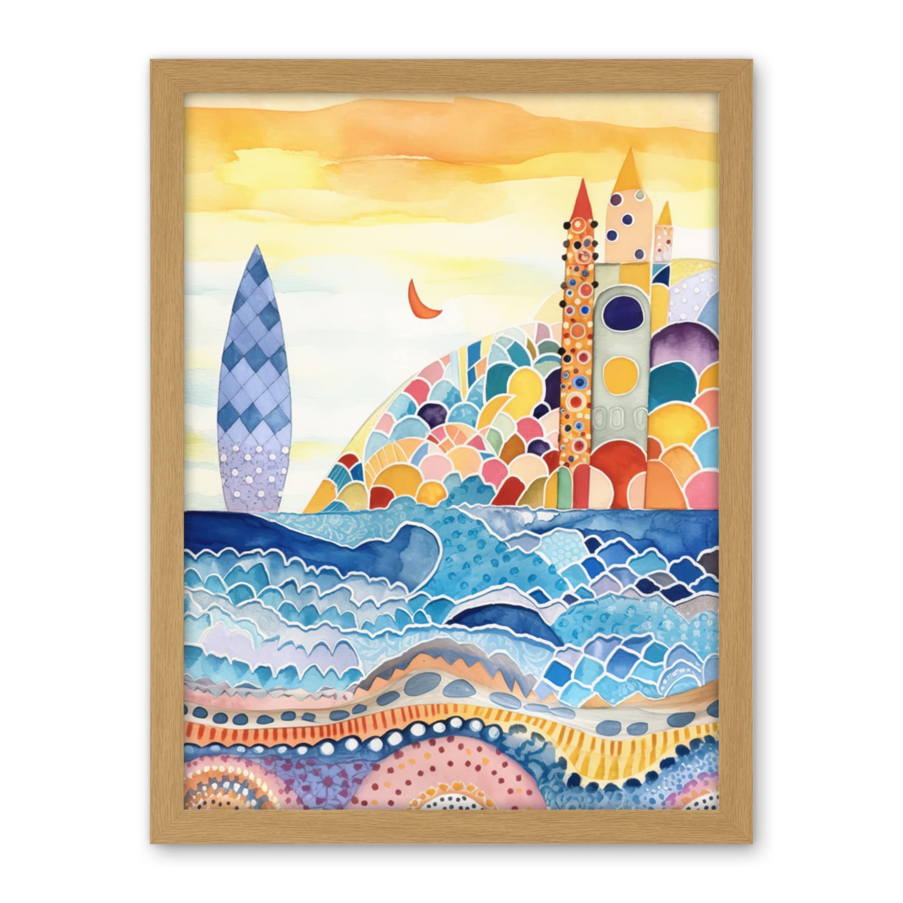 Artery8 Abstract Seascape Waves On Beach Folk Art Bathroom Artwork Framed Wall Art Print 18X24 Inch