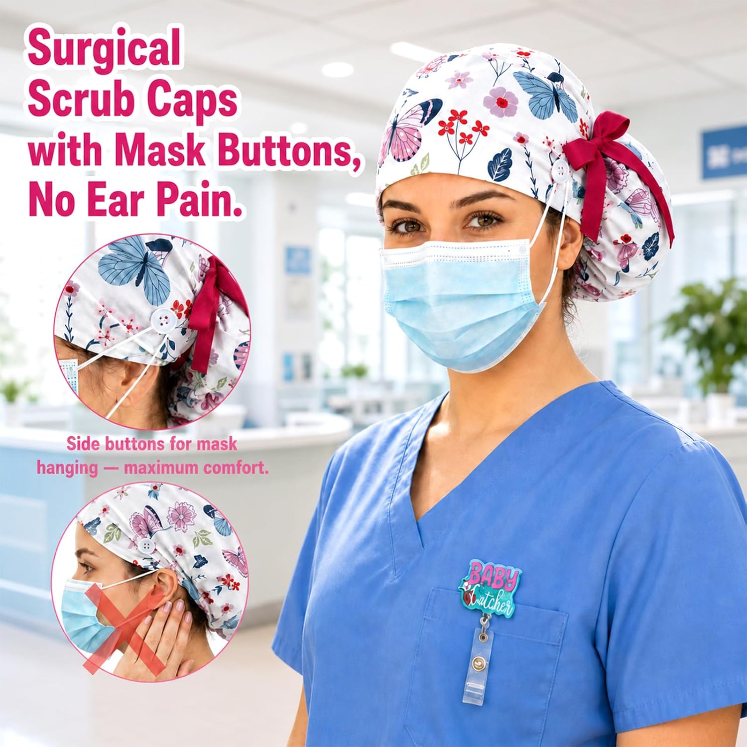 6 Pack Satin Lined Scrub Caps with Buttons & Sweathand for Women White