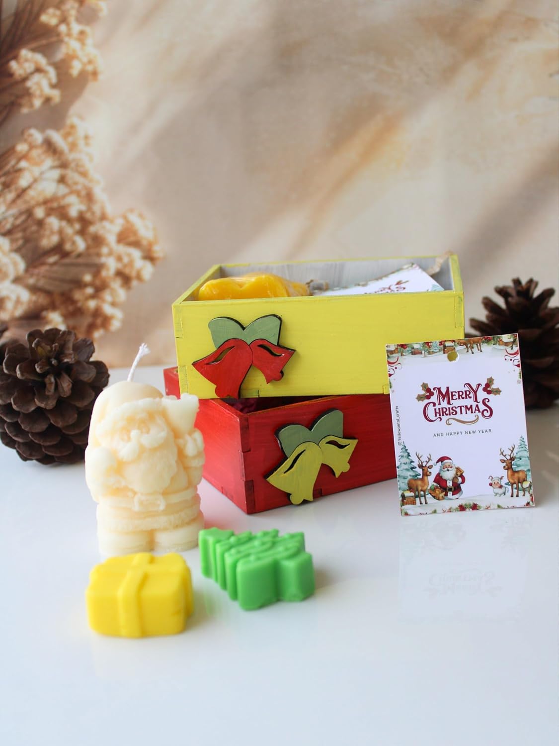 Christmas Gift Hamper | Santa Candle and 2 Mini Soap Combo | 2 Hampers, Christmas & New Year Gift, MDF Wood Base, net Packing & Card