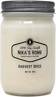 Nika's Home Harvest Spice Soy Candle 12oz Mason Jar Non-Toxic White Candle-Hand Poured Handmade, Clean Long Burning 50-60 Hours Highly Scented Pumpkin All Natural, Pumpkin Spice Gift Décor