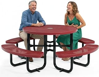 Metal Picnic Tables for Outdoors with Umbrella Hole - Coated Steel Heavy Duty Commercial Grade Furniture Set with Adjustable Seats (Red, 46 in, Round, Punched Steel)