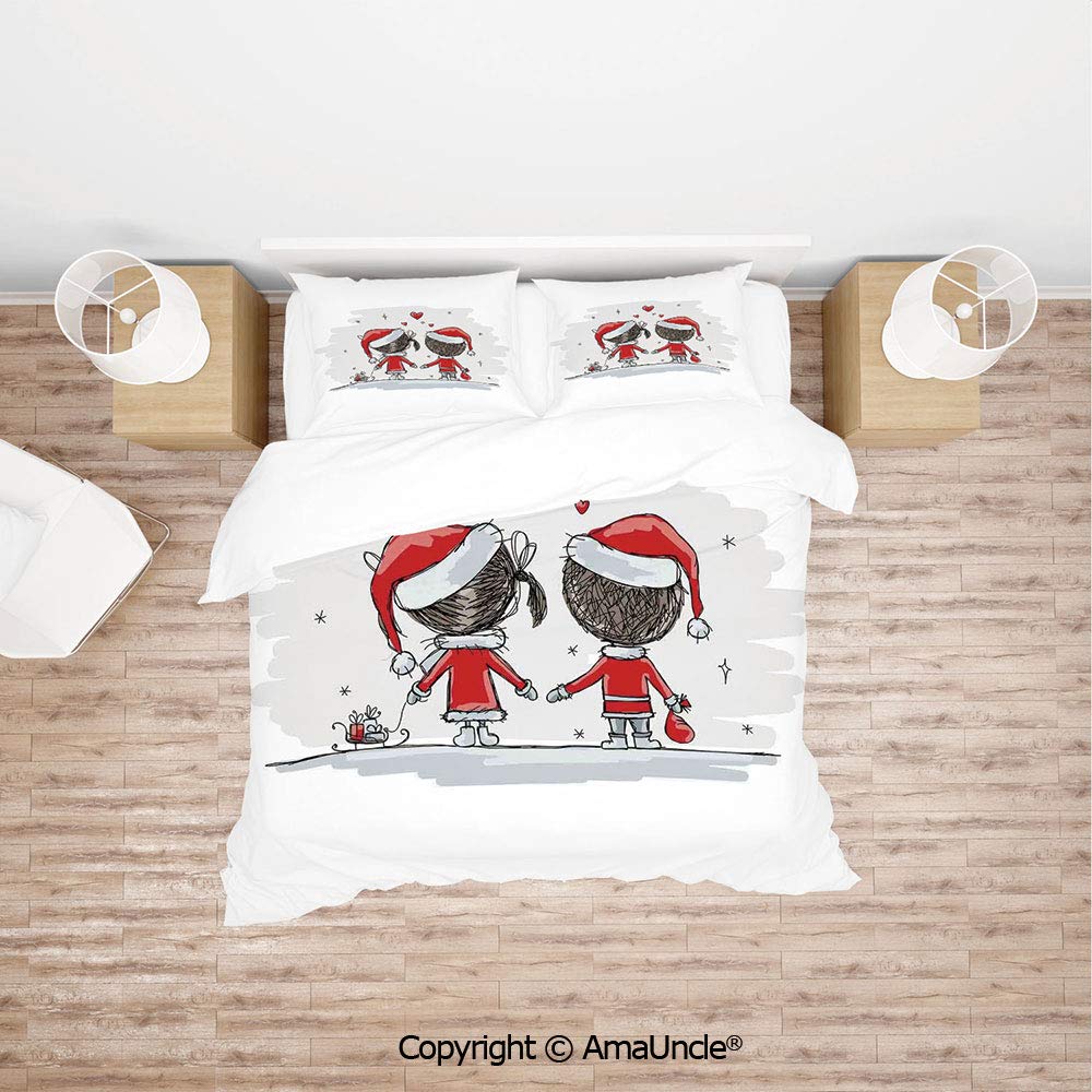 SCOCICI Soul Mates Love with Santa Costume Family Romance Winter Night Picture Lightweight Bedding 4 Piece Duvet Cover Set 4 Pcs Set (1 Duvet Cover, 1 Bed Sheet, 2 Pillowcases) Bedding Sets