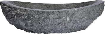 Padang Dark Granite Canoe Vessel Sink Stone Basin with Polished Bowl & Chiseled Exterior