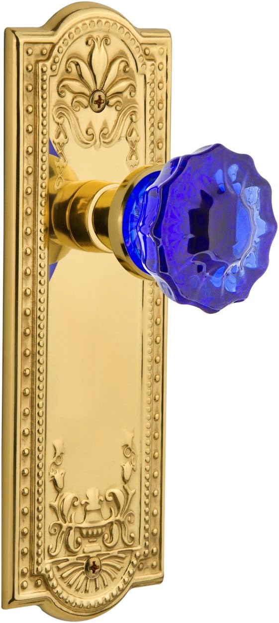 Nostalgic Warehouse 722369 Meadows Plate Single Dummy Crystal Cobalt Glass Door Knob in Polished Brass