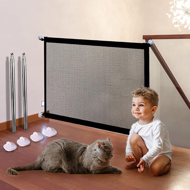 Magic Dog Gate Hillylolly Pet Safety Gate, Pet Barrier for Stairs/Indoor, Folding Mesh Stair Gate, Retractable Mesh Dog Gate, Portable Safety Gate for Dogs and Cats 110 x 79 cm