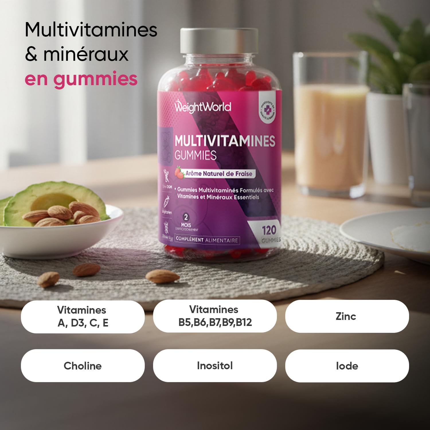 Gummies Multivitamines et Minéraux 120 Gummies 2 Mois de Stock, 13 Vitamines et Minéraux Essentiels, Vitamine C, Zinc, Vitamine B12, D3, E, Iode, A, B, Biotine, Arôme Naturel de Fraise - sans OGM