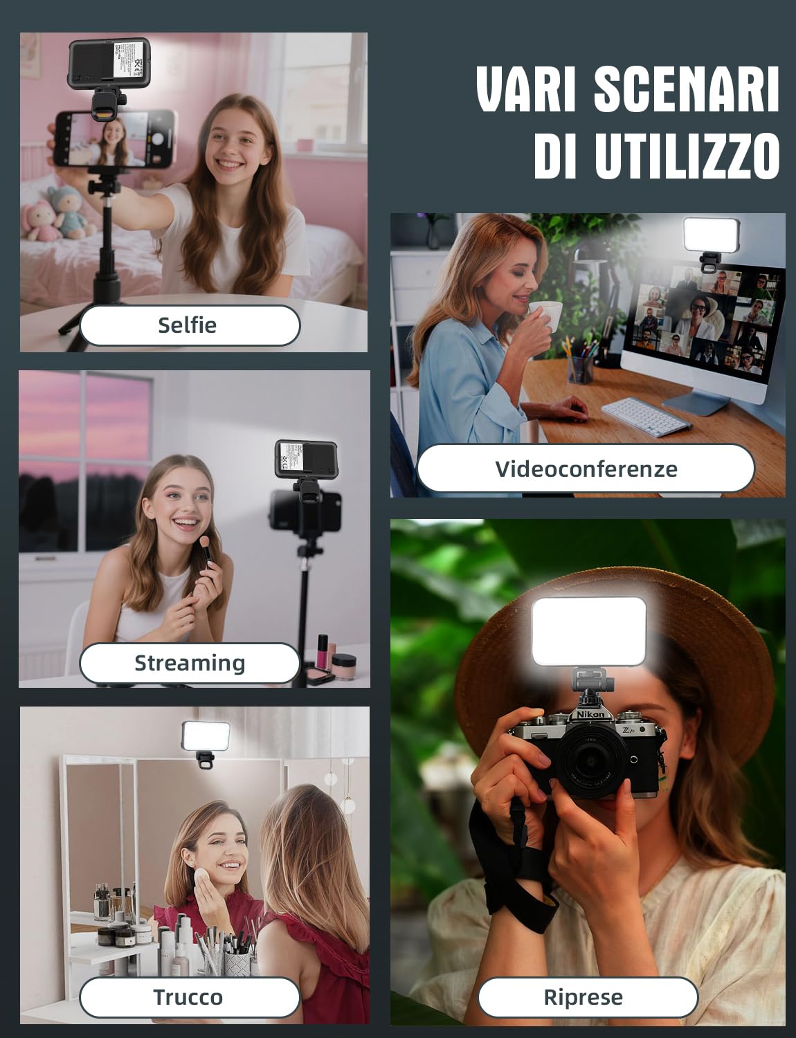 YOHOOLYO Luce Selfie per Telefono, Temperatura Colore Regolabile 2500K-9000K, 96 LED, Dimmerabile senza Livelli, CRI 95+, Magnetica, Batteria 2000mAh, per Telefono/iPad/PC/Fotocamera