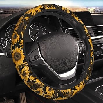 Yellow Sunflower Steering Wheel Cover Cute Flower Floral Women Car Steering Wheel Covers Protector Cloth Car Accessories Black 15 inch Wheel Wrap Cushion UniversalFit Most Cars