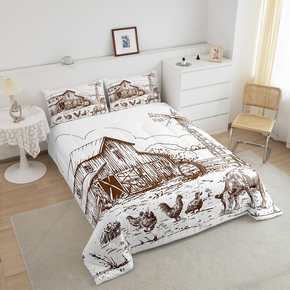 Windmill Comforter Set Queen, Rustic Barn Farmhouse Bedding, Chick Cow Farm Animals Down Comforter, Hand Drawn Illustration Bedding Comforters, Countryside Rural Meadow Room Decor Duvet Set, Taupe - Image 2