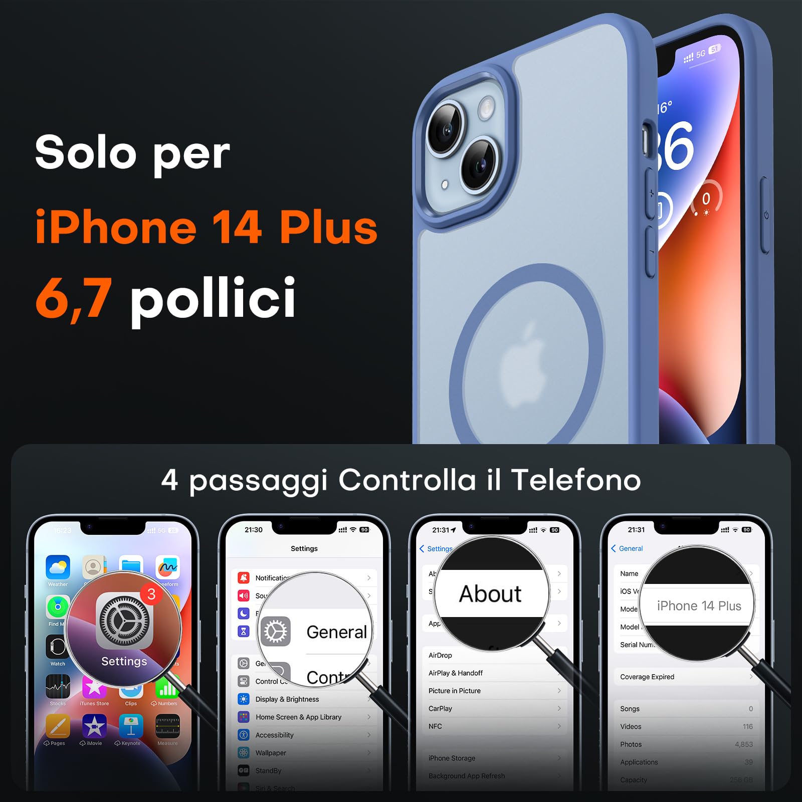 TOCOL Cover Magnetica per iPhone 14 Plus 6,7 Pollic, Compatibile con MagSafe, Custodia Antiurto Traslucida Opaca, Blu Chiaro