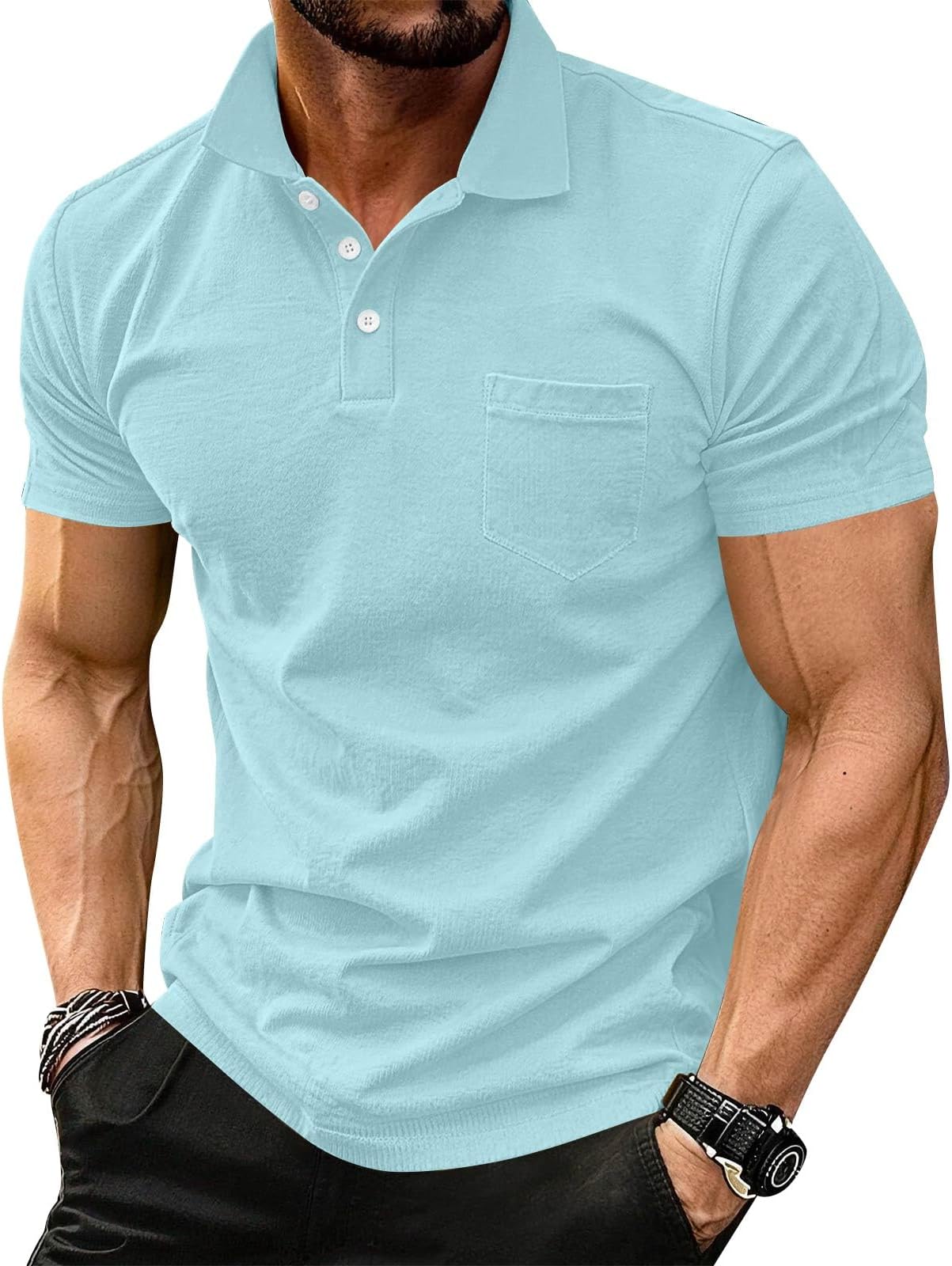 Men's Casual Polo Shirts Classic Button Basic Short Sleeve Shirt Solid Color Tees Golf Stylish Tops