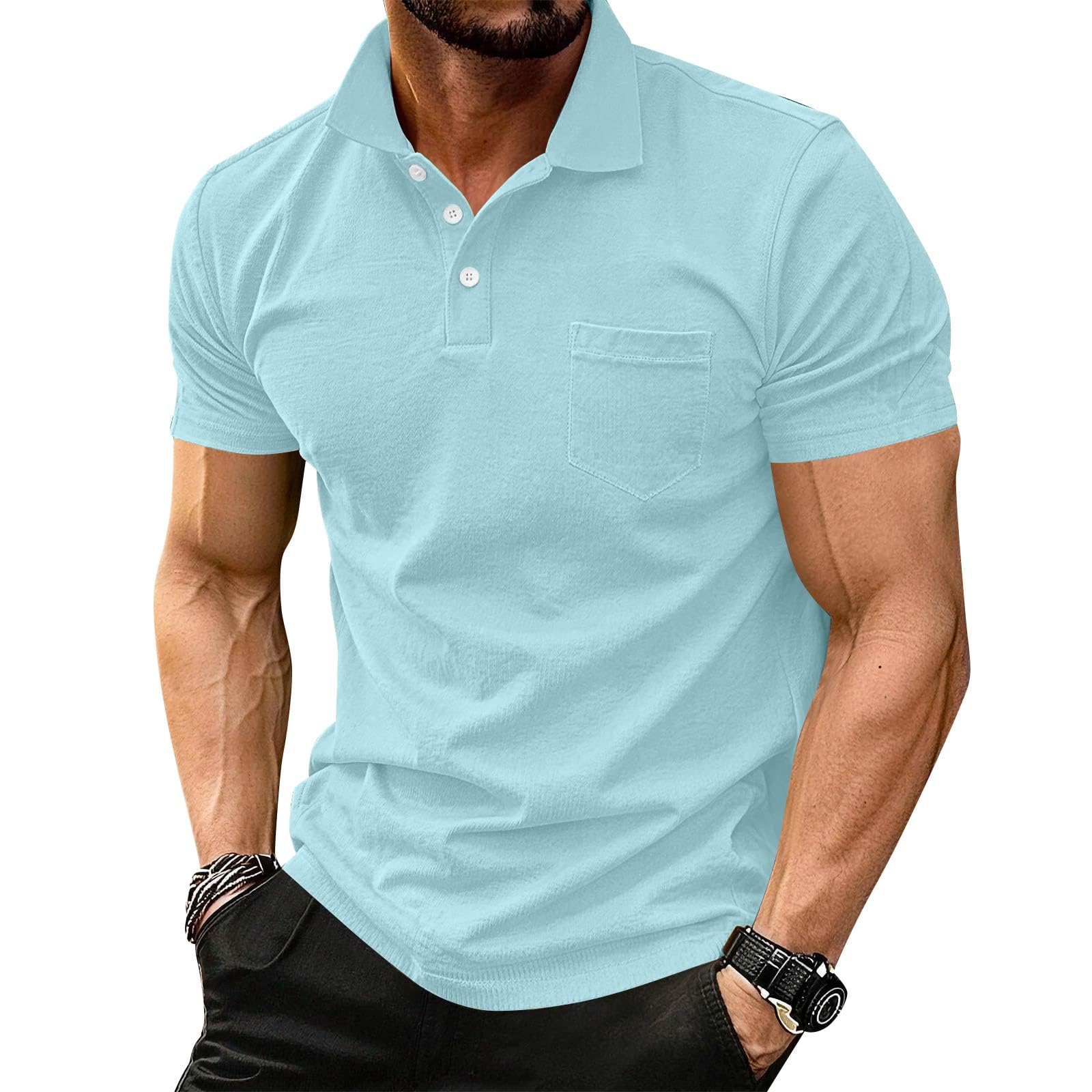 Men's Casual Polo Shirts Classic Button Basic Short Sleeve Shirt Solid Color Tees Golf Stylish Tops