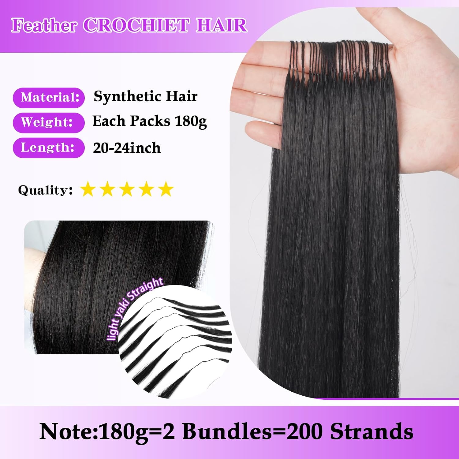 Kinky Straight Feather Crochet Human Hair Extensions Pre Separated Soft Yaki Straight Knotless Human Hair Blended Crochet Bundles 22” Micro Pre Looped Burmese Synthetic Human Crochet Hair 180G