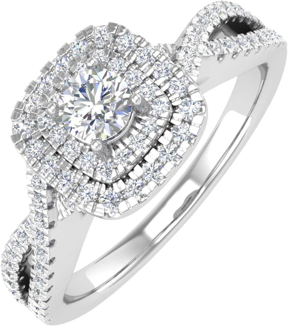 1/2 Carat Cushion cut Halo Diamond Engagement Ring in 14K Gold (I1-I2 Clarity)