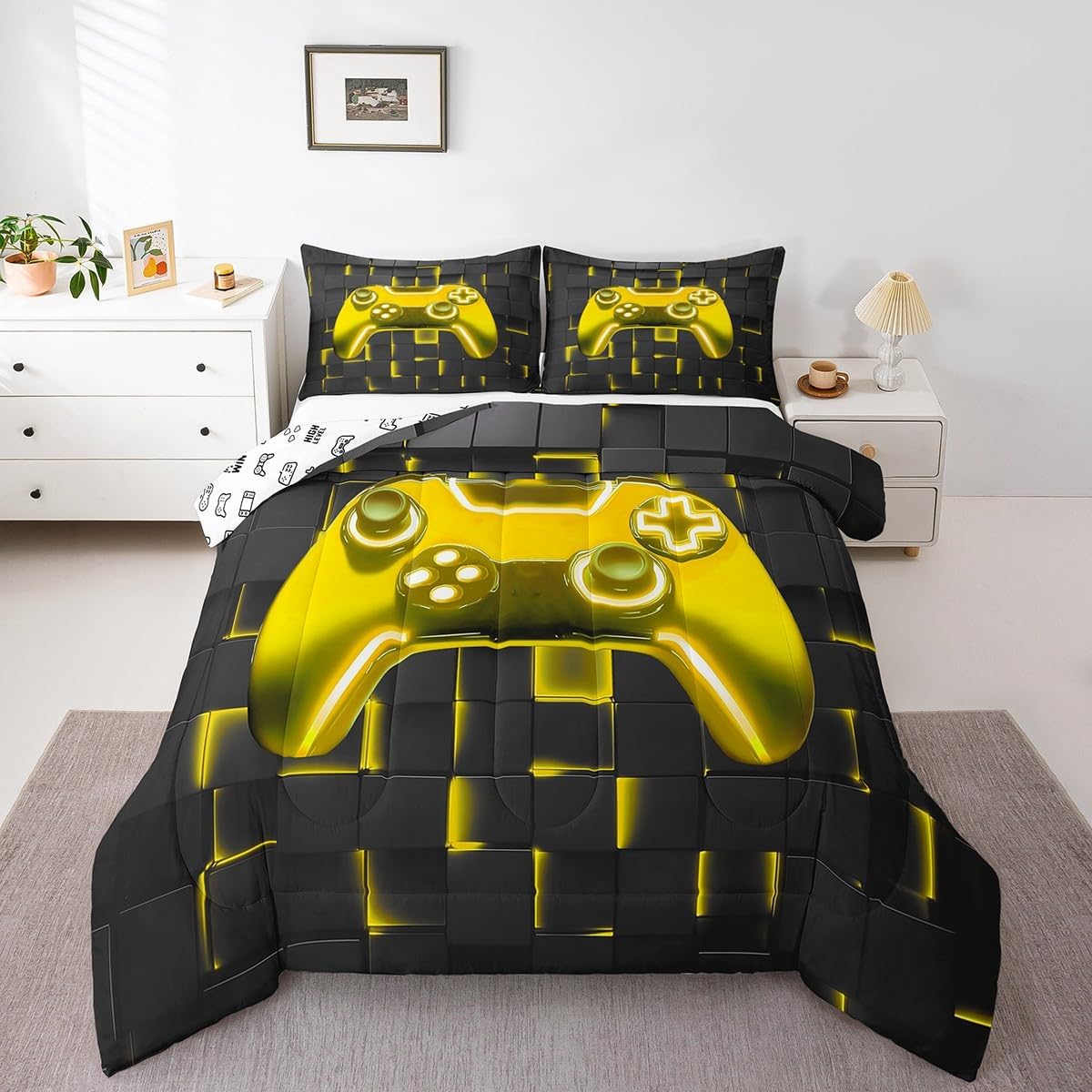 Castle Fairy Modern Gamer Comforter Set,Blue Gaming Bedding Set for Kids Teens,Reversible Gamepad Quilt Set,Duvet Insert 2 Pcs with 1 Pillowcase,Toddler