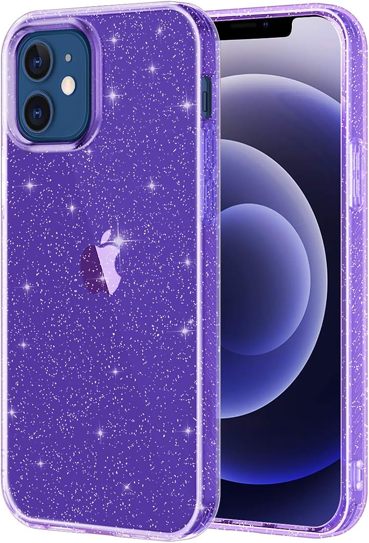 Lamcase Compatible with iPhone 12 Case 6.1 inch and iPhone 12 Pro Case 6.1 inch (2020), Bling Sparkly Glitter Shiny Soft Flexible TPU Slim Fit Drop Protection Shockproof Cover, Purple/Clear Glitter