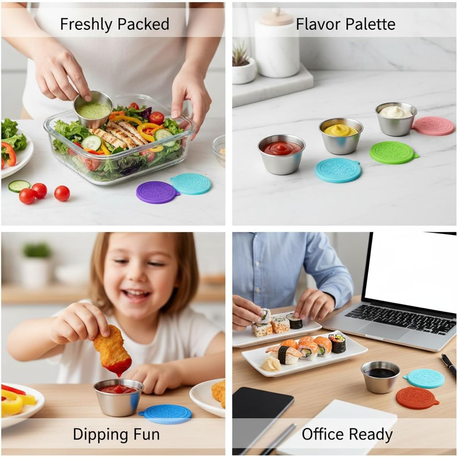 Small Sauce Cups 18 Pcs, Stainless Steel Salad Dressing Cups with Colorful Silicone Lids, Reusable Leakproof, 1.35/1.69/2.37 Oz Portable Dipping Sauce Containers