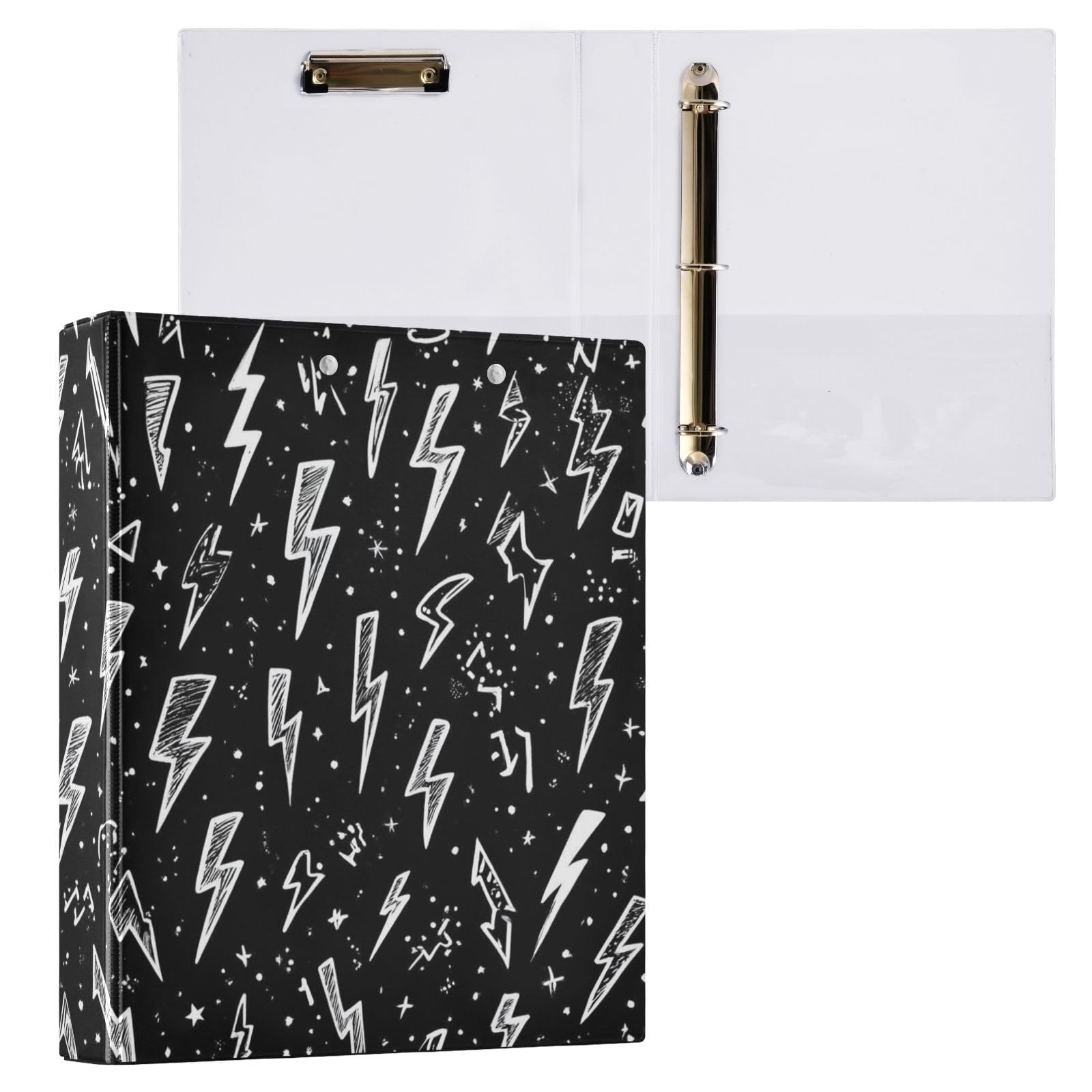 Caikeny 3 Ring Binder Lightning Bolts Black 1.5 Inch Binders Round Ring Clipboard with 2 Pockets for Office Supplies