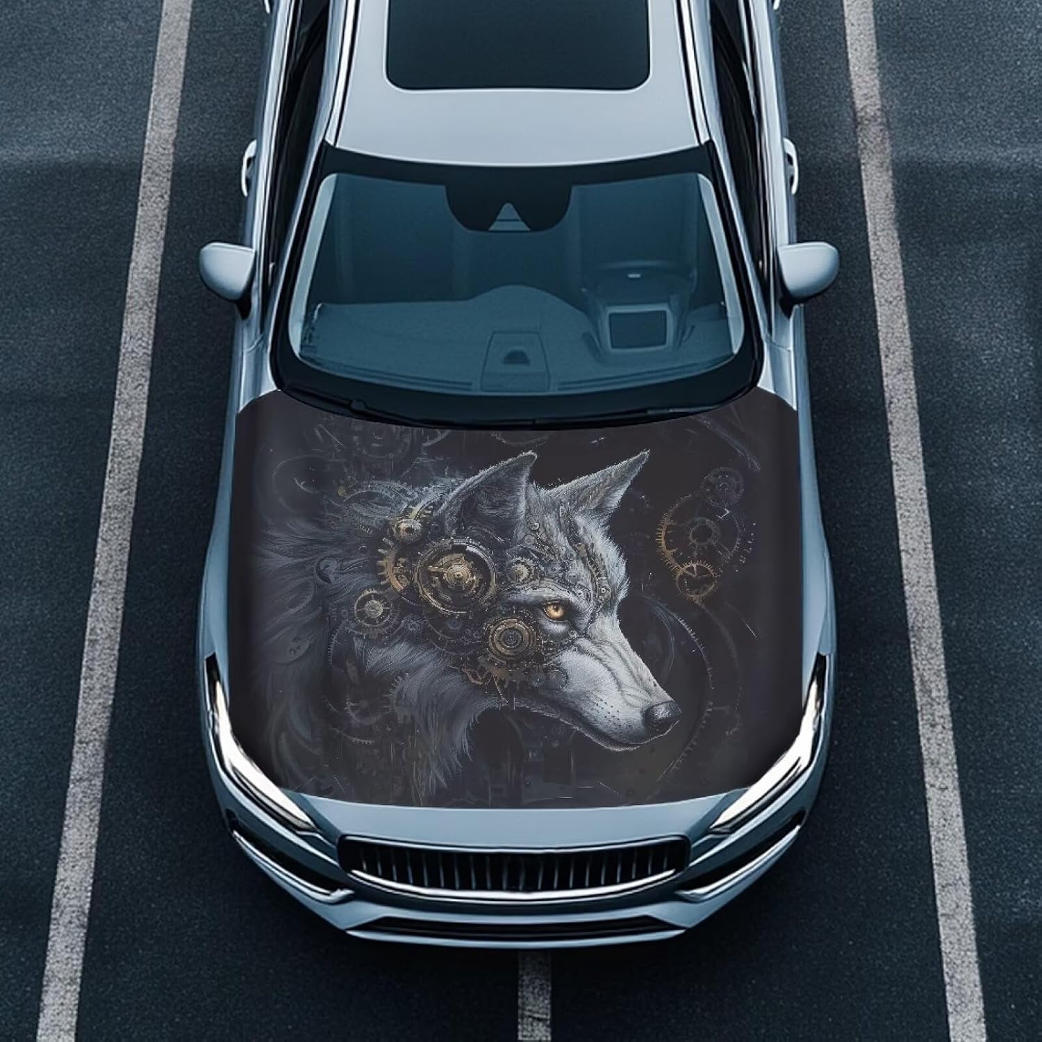 Car Hood Cover Elastic Polyester Car Hood Protector Mechanical Wolf Print Car Hood Flag Waterproof Car Exterior Accessories for Most Sedans SUV Trucks Pickups