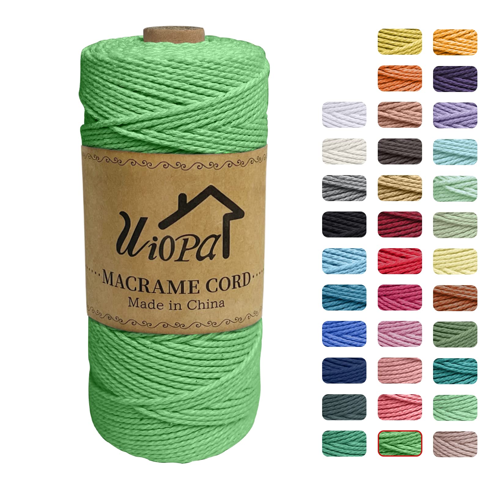 Uiopa Macrame Cord 2mm x 200m, 3-Strand Twisted Natural Cotton String, Macrame Cotton Rope Coloured String for Wall Hanging Plant Hanger Boho Home Decor Craft Projects
