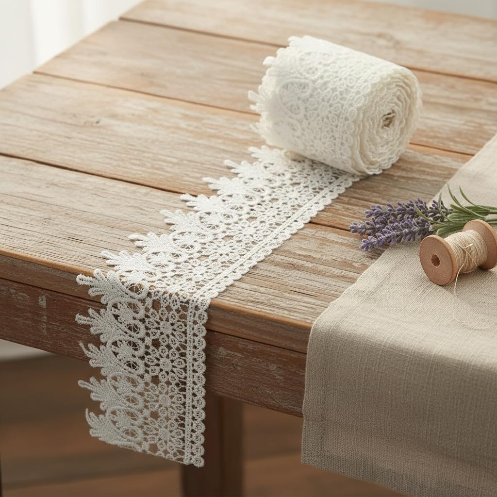 White Floral Embroidered Lace Trim 3.5" Wide – 3Yds Venice Lace Ribbon for Sewing, Wedding Dress, Home Decor, Crafts, Fabric Edge Trim