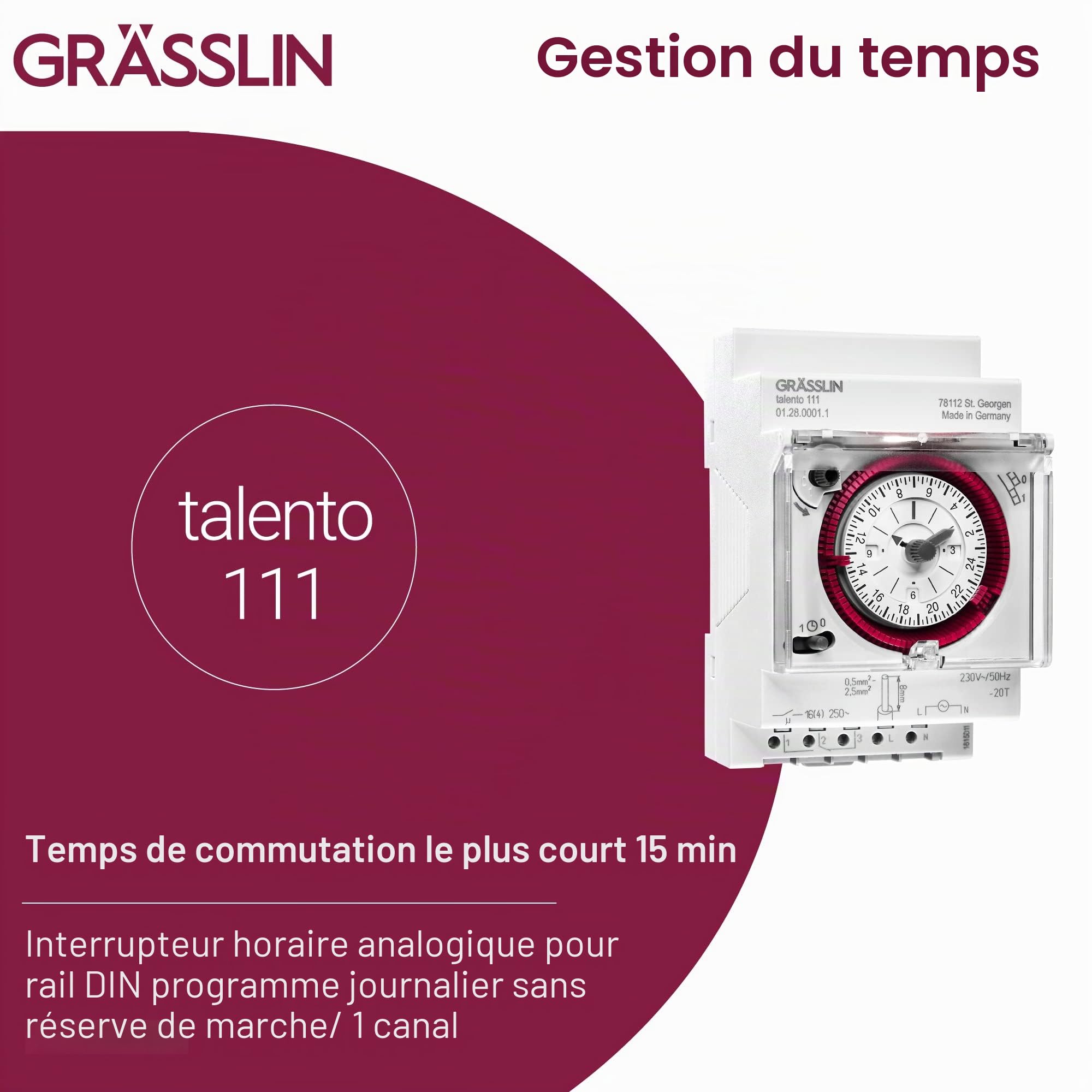 01.28.0001.1 talento 111- Horloge de Distribution analogique avec Programme journalier I 3TE I 1 Canal I Montage sur Rail DIN I avec bornes à fiches I LED jusqu'à 180W